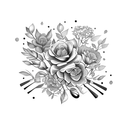 A beautiful bouquet of flowers and leaves intertwined with kitchen utensils, symbolizing the client's passion for cooking and culinary arts. tattoo design idea
