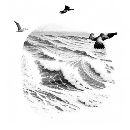 An intricate black and grey tattoo of a serene beach scene, with waves crashing against the shore and seagulls flying in the distance, representing the client's love for the beach. tattoo design idea