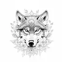 A dotwork tattoo of a wolf surrounded by blooming flowers, symbolizing the client's favorite things and their connection to nature. tattoo design idea