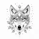 A dotwork tattoo of a wolf surrounded by blooming flowers, symbolizing the client's favorite things and their connection to nature. tattoo design idea