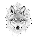 A dotwork tattoo of a wolf surrounded by blooming flowers, symbolizing the client's favorite things and their connection to nature. tattoo design idea