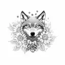 A dotwork tattoo of a wolf surrounded by blooming flowers, symbolizing the client's favorite things and their connection to nature. tattoo design idea