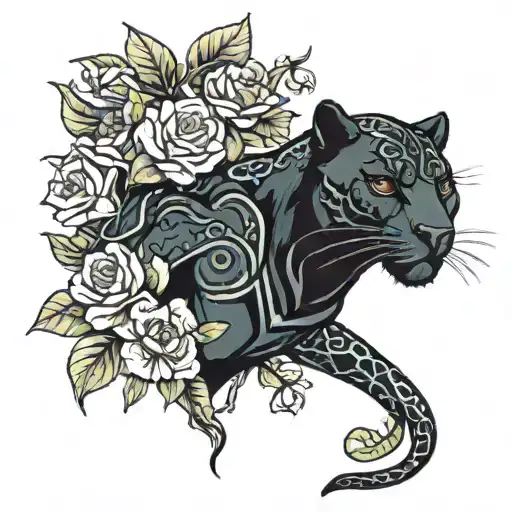 black panther, snake and flowers tattoo design idea