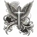 cross wings with beams of light rays coming tattoo design idea