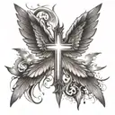cross wings with beams of light rays coming tattoo design idea