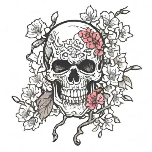 A skull adorned with intricate martial arts symbols and cherry blossom branches tattoo design idea