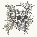 A skull adorned with intricate martial arts symbols and cherry blossom branches tattoo design idea