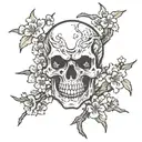 A skull adorned with intricate martial arts symbols and cherry blossom branches tattoo design idea