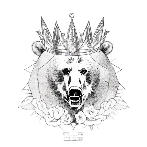 bear wearing a crown with hibiscus flowers and palm trees tattoo design idea