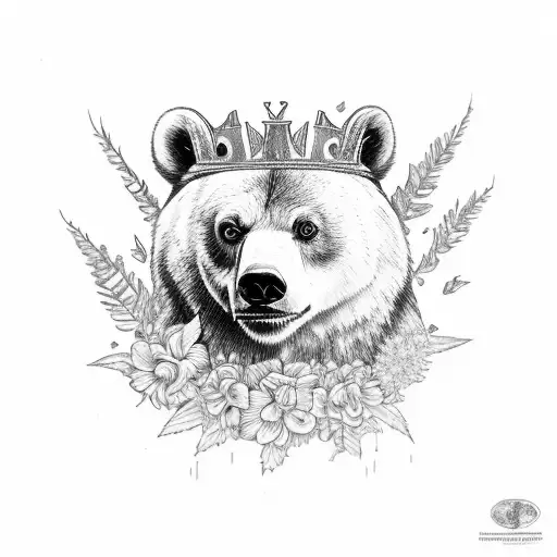 grizzley bear wearing a crown with hibiscus flowers and palm trees tattoo design idea