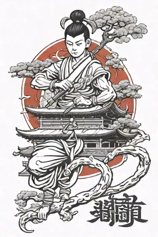 Create a Japanese-themed Shaolin temple tattoo design with wordings and symbold for the lower left arm - black and white tattoo design idea