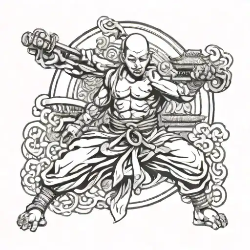 Create a Japanese-themed Shaolin temple tattoo design with wordings and symbold for the lower left arm - black and white tattoo design idea