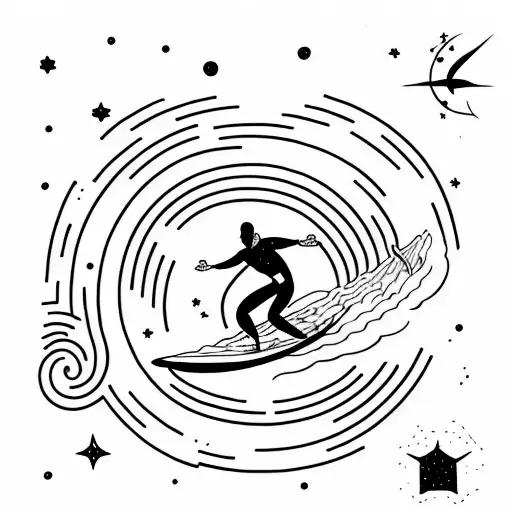 A minimalist tattoo of a surfer riding a cosmic wave in outer space tattoo design idea