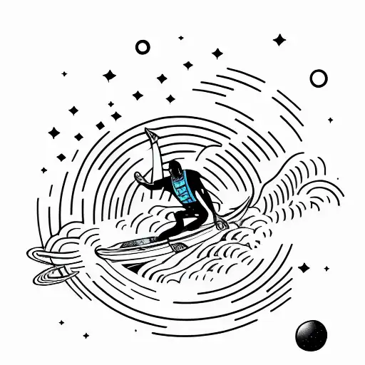 A minimalist tattoo of a surfer riding a cosmic wave in outer space tattoo design idea
