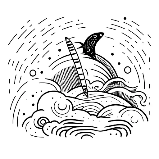 A minimalist tattoo of a surfer riding a cosmic wave in outer space tattoo design idea