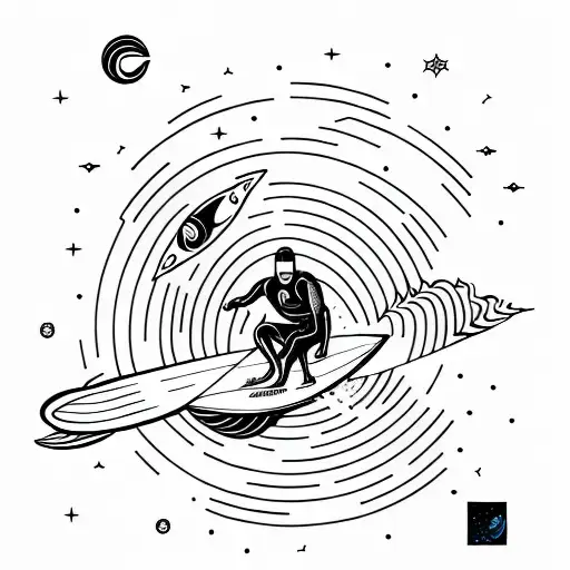 A minimalist tattoo of a surfer riding a cosmic wave in outer space tattoo design idea