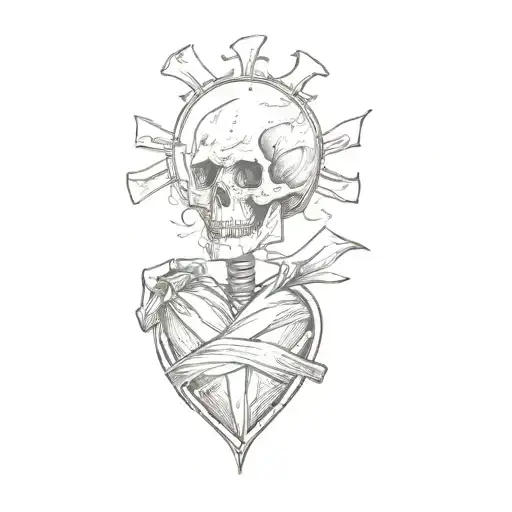 a heart with a skull on it with a ribbon wrapping around the heart, tattoo design idea