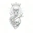 a heart with a skull on it with a ribbon wrapping around the heart, skull has a crown hovering over  tattoo design idea