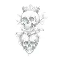 a heart with a skull on it with a ribbon wrapping around the heart, skull has a crown hovering over  tattoo design idea