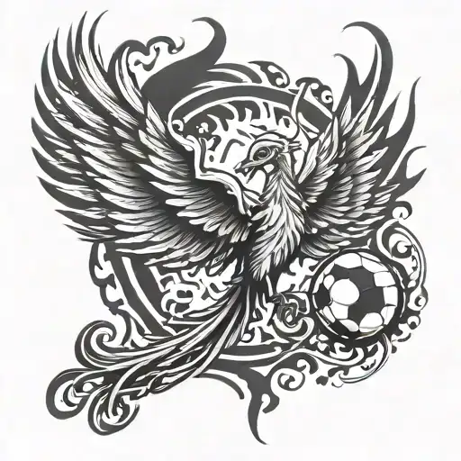 Design a powerful tattoo of a phoenix rising from the ashes, with a subtle football motif and the number 4 hidden within the flames, in black-grey style tattoo design idea