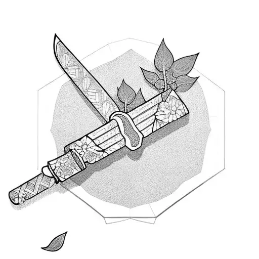 katana handle with sakura leaves falling down tattoo design idea