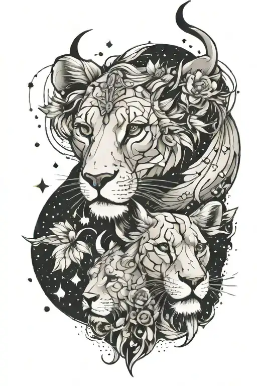 Lioness and Capricorn constellation tattoo design idea