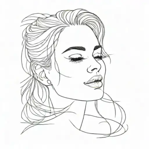 woman face profile, beautiful smile and thoughts that mix together. single simple and continuous line. tattoo design idea