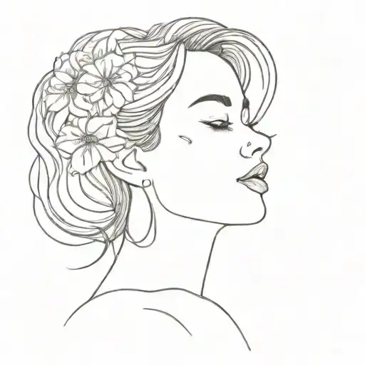 woman face profile, beautiful smile and thoughts that mix more flowers. single simple and continuous line. tattoo design idea