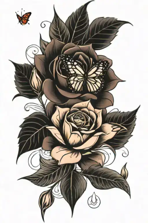 Rose tattoo, tulips, red butterflies, leaves growing, geometric shapes in the spaces, sunflower, flowers tattoo design idea
