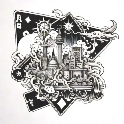  word FREEVILLE, Auckland city skyline merging, dragon in the sky, cards and dice gambling on the bottom tattoo design idea