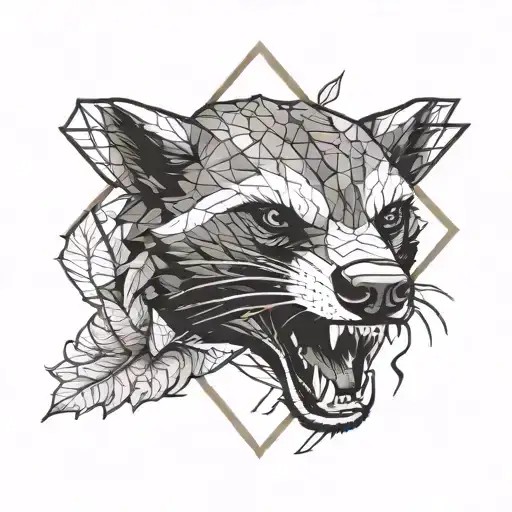 honey badger with sharp teeth in flames and leaves in a triangle shape  tattoo design idea