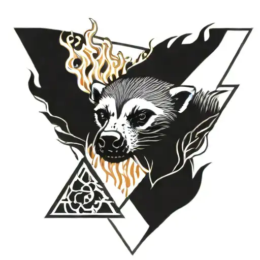 a honey badger face in flames and leaves in a triangle shape tattoo design idea