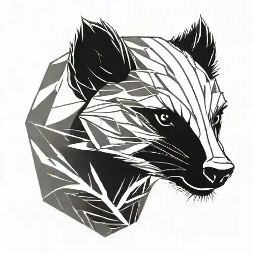 a honey badger face angry in flames and leaves in a geometric shape tattoo design idea