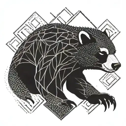 a honey badger face angry in flames and leaves in a geometric shape tattoo design idea