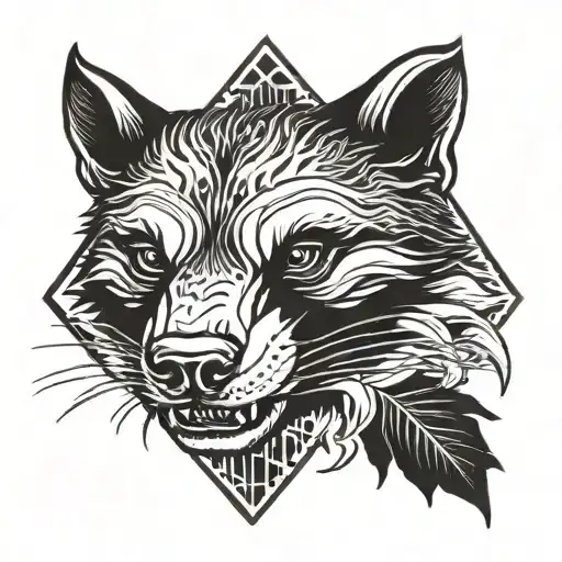 a honey badger face with sharp teeth in flames and leaves in a triangle shape tattoo design idea