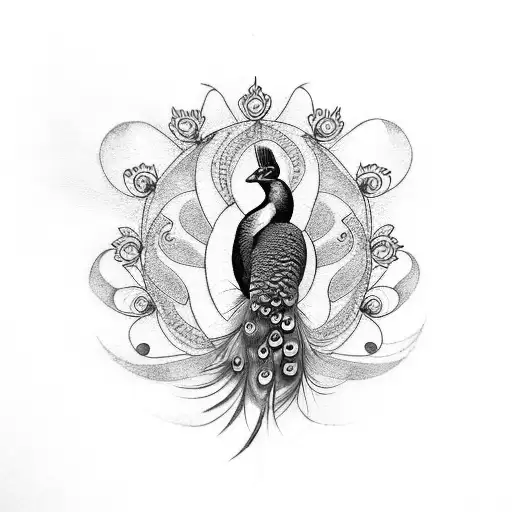 black and white tattoo of a peacock with the birth flowers of may August and October surrounding it on the thigh tattoo design idea