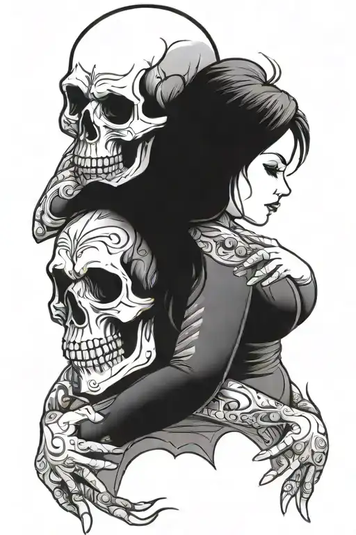 skull hugging a chubby pretty woman standing tattoo design idea