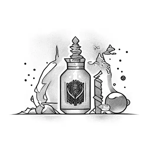 A magical potion bottle with elements from favorite films and games tattoo design idea