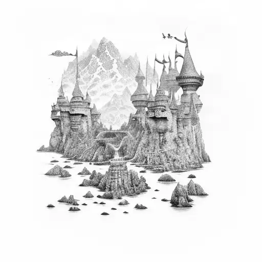 A dotwork tattoo of a fantasy landscape where characters from Baldur's Gate 3 are exploring a magical realm tattoo design idea