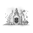 A magical potion bottle with elements from favorite films and games tattoo design idea