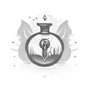 A magical potion bottle with elements from favorite films and games tattoo design idea