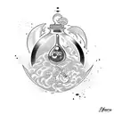 A magical potion bottle with elements from favorite films and games tattoo design idea