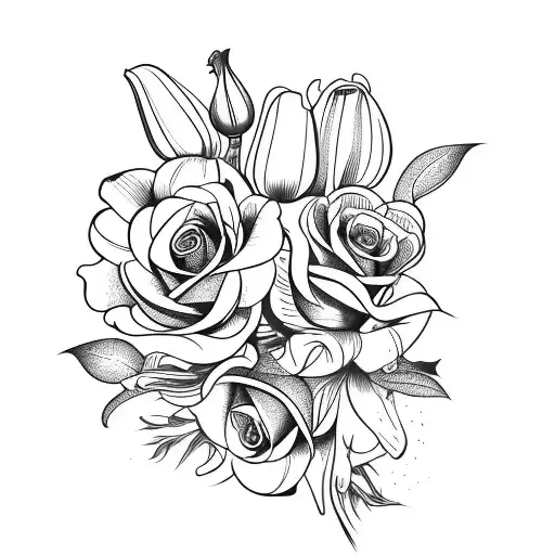 Flower bouquet with 2 roses, 1 tulip, 1 lily, 1 arum, 1 peony and 1 orchid tattoo design idea