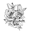 Flower bouquet with 2 roses, 1 tulip, 1 lily, 1 arum, 1 peony and 1 orchid tattoo design idea