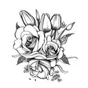 Flower bouquet with 2 roses, 1 tulip, 1 lily, 1 arum, 1 peony and 1 orchid tattoo design idea