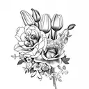 Flower bouquet with 2 roses, 1 tulip, 1 lily, 1 arum, 1 peony and 1 orchid tattoo design idea
