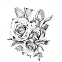 Flower bouquet with 2 roses, 1 tulip, 1 lily, 1 arum, 1 peony and 1 orchid tattoo design idea