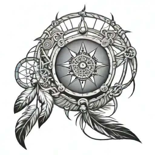 tribal dream catcher with compass and hourglass filled tattoo design idea