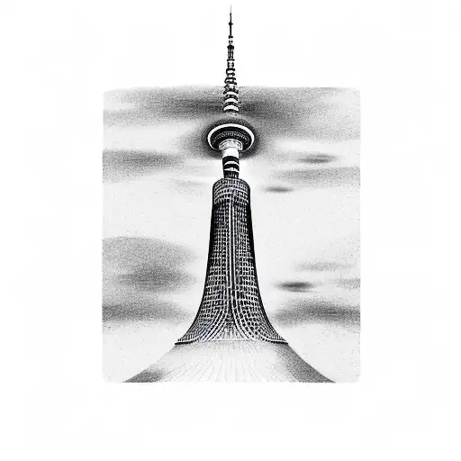 A piano key forming the shape of Tokyo's famous tower, Tokyo Skytree tattoo design idea