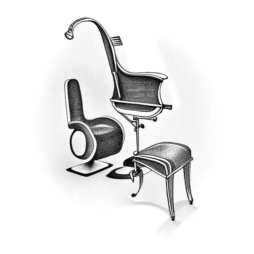 A barber's chair surrounded by piano keys, with musical notes floating above tattoo design idea
